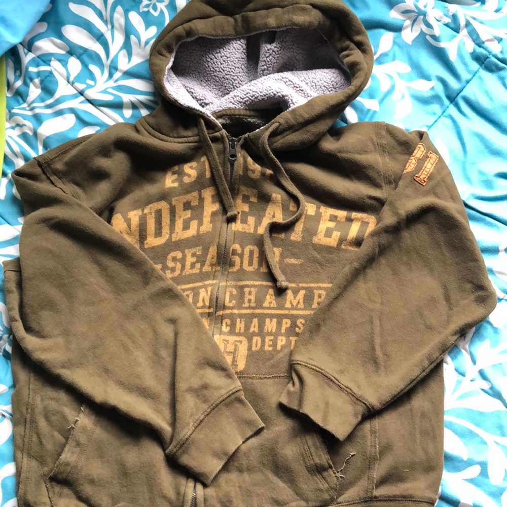 Ruff Hewn Slouchy, Zipped Hoodie Khaki GreenSweatshirt with faux wool hood